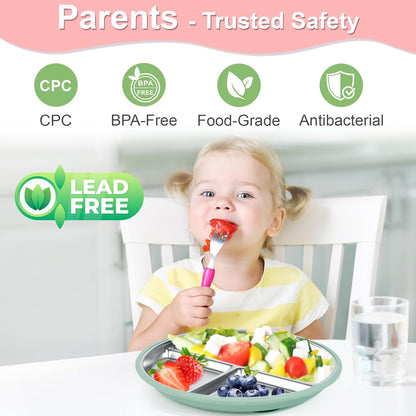 Bella’s Friends Stainless Steel Baby Plates with Suction 3 Pack, 9” Divided Toddler Plates with Removable Silicone Sleeves for Mess-Free Feeding, Non-Toxic, Non-Slip, Dishwasher Safe, Gray,White,Green