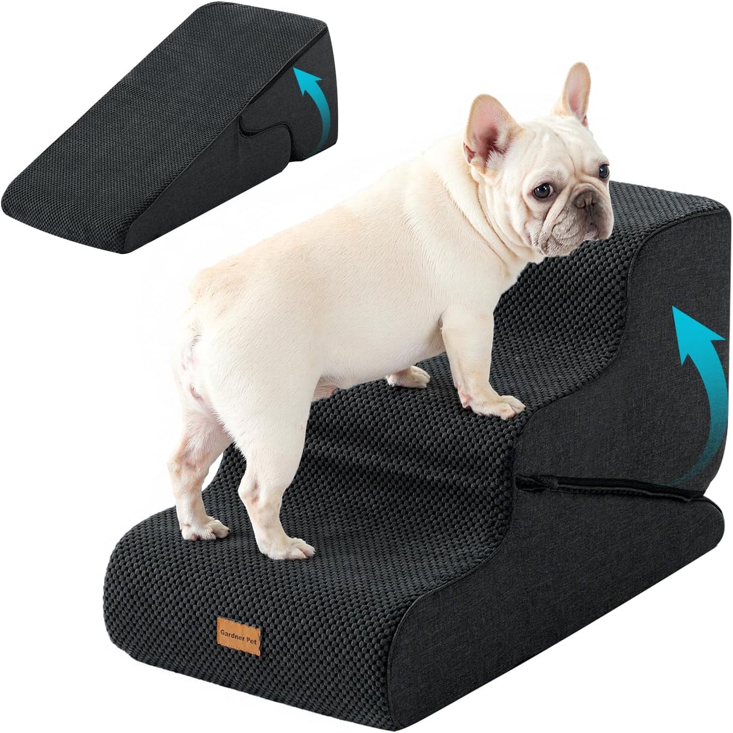 Gardner Pet Dog Stairs for Small Dogs 16.5" H, 2 in 1 Transformable 3-Step Pet Stairs and Dog Ramp for Couch (13-20 in), Black Adjustable Pet Steps with Non-Slip Waterproof Cover and CertiPUR-US Foam
