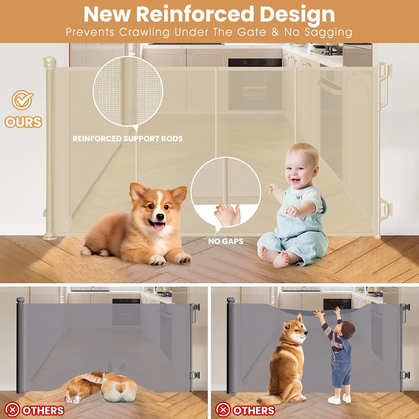 Reinforced Retractable Baby Gate or Mesh Dog Gate,Easy to Use for Stairs, Doorways, Hallways, Indoor, Outdoor, Wide Pet Gate 33.5" Tall, Extends to 55" Wide, Cream