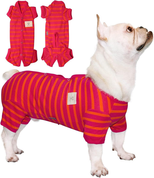 TONY HOBY Female/Male Dog Pajamas, Dog Jumpsuit 4 Legged Pajamas with Stripes, Soft Cotton for Comfortable Sleep (Rose Red&Orange, Boy, S)