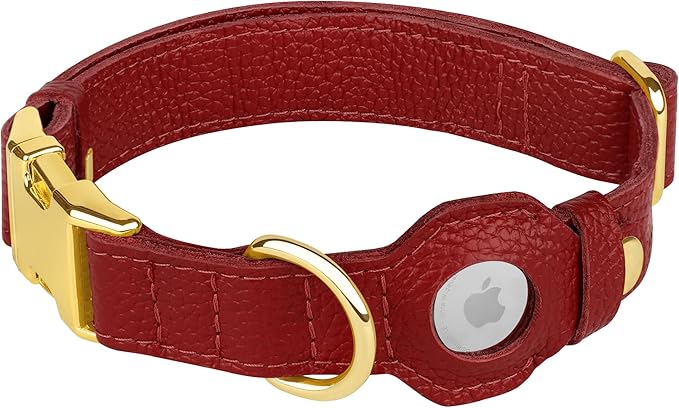 Leather Airtag Dog Collar - Soft Tracking Dog Collar with Apple AirTag Holder and Metal Buckle - Safety GPS Pet Collars for Small Medium Large Dogs Puppy Pink Red (Red, M, 14"-18" Neck Fit)