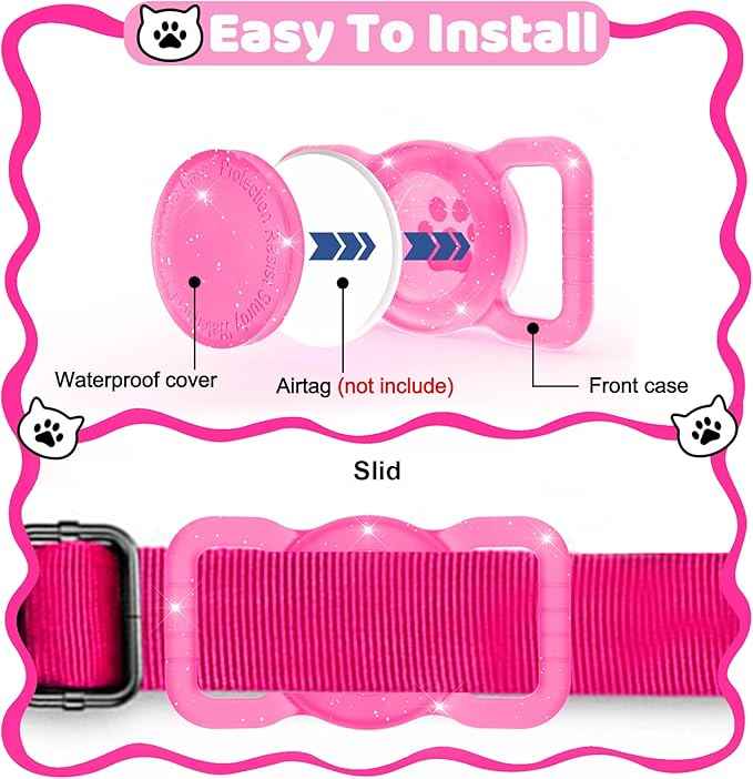 SANKALA Luminous Airtag Dog Collar Holder, [1 Pack] Glittery Waterproof Airtag Holder for Dog, Silicone Full Body Covered Anti-Lost Protective Airtag Case - Fits All Width Pet Collars, Pink Glitter