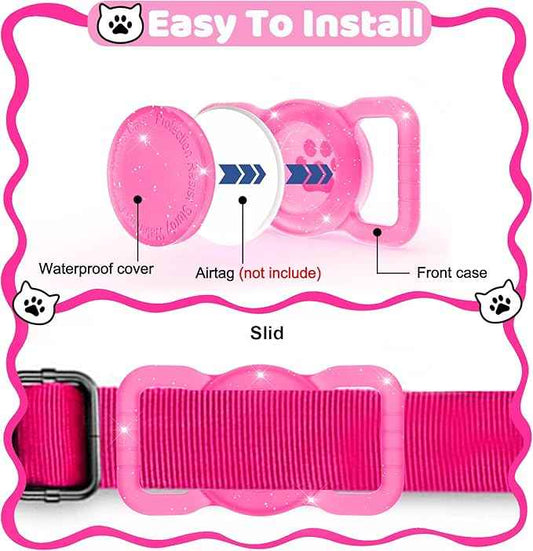 SANKALA Luminous Airtag Dog Collar Holder, [1 Pack] Glittery Waterproof Airtag Holder for Dog, Silicone Full Body Covered Anti-Lost Protective Airtag Case - Fits All Width Pet Collars, Pink Glitter