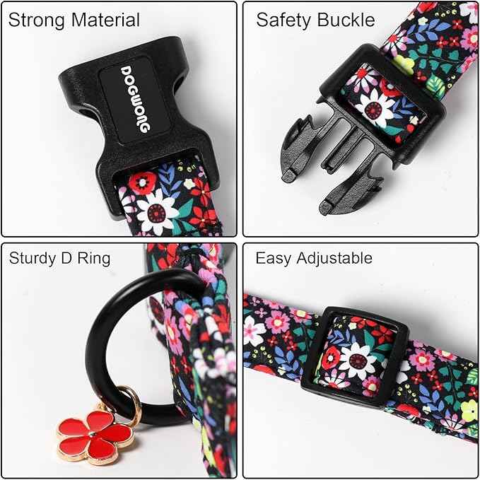 DOGWONG Floral Dog Collar- Cute Spring Wildflowers Dog Collars with Plastic Buckle, Light Adjustable Girl Female Dog Collars for Small Medium Large Dogs,XL