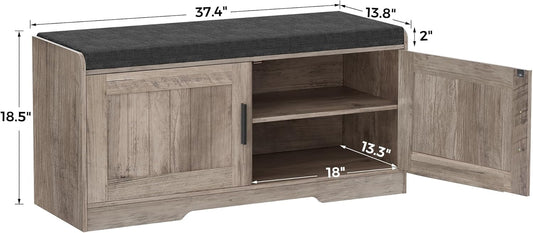 2-Tier Storage Bench, Shoe Bench with Thickened Padded Seat Cushion, Entryway Bench with 2 Doors, Adjustable Shelf, 13.8" D x 37.4" W x 18.5" H, for Entryway, Living Room, Bedroom, Greige