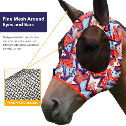 Harrison Howard Super Comfort Stretchy Fitting Horse Fly Mask with UV Protection Soft on Skin with Breathability Orange Geo Print Full Size