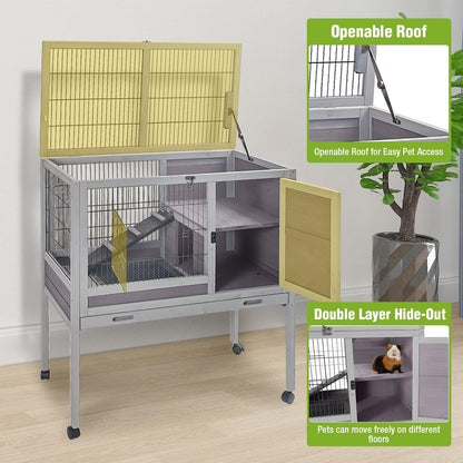 GUTINNEEN Wooden Guinea Pig Cages with Wheels for Indoor & Outdoor, 2-Story Rabbit Cage Bunny Hutch with Wire Mesh & Leakproof Pull-Out Tray for Guinea Pigs, Hamsters, Small Animals (Grey)