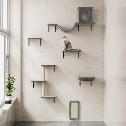 NUNU LAB Cat Wall Shelves, 6 Pcs Luxury Wall-Mounted Cat Climber Set, Indoor Cat Furniture with 1 Condos House, 2 Cat Wall Shelves, 1 Scratching, 1 Bridge Ladder, 1 Scratching Pad, Dark Gray