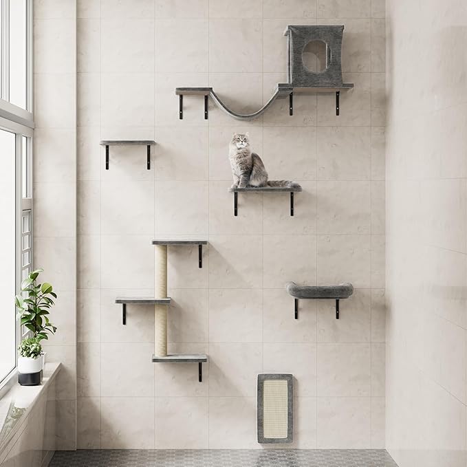 NUNU LAB Wall Mounted Cat Wall Shelves, 12-in-1 Cat Wall Climber with Condos House, Scratching Post, Bridge Ladder, Indoor Space-Saving Furniture for Kittens Play, Dark Gray
