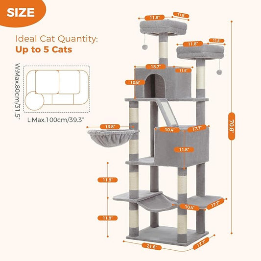 70.8" Tall Cat Tree for Indoor Cats Large Adult, Multi-Level Climbing Tower with Perches, Condo, Hammock, and Sisal Scratching Posts, Easy to Assemble, Light Gray