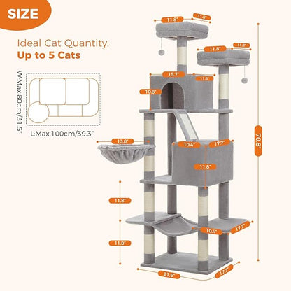 70.8" Tall Cat Tree for Indoor Cats Large Adult, Multi-Level Climbing Tower with Perches, Condo, Hammock, and Sisal Scratching Posts, Easy to Assemble, Light Gray