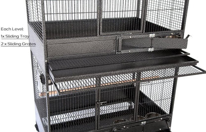 Extra Large Stackers Heavy Duty Wrought Iron Breeder Parrot Aviary Bird Breeding Rolling Cage with Side Nest Doors (Black Vein, Triple Stacker)