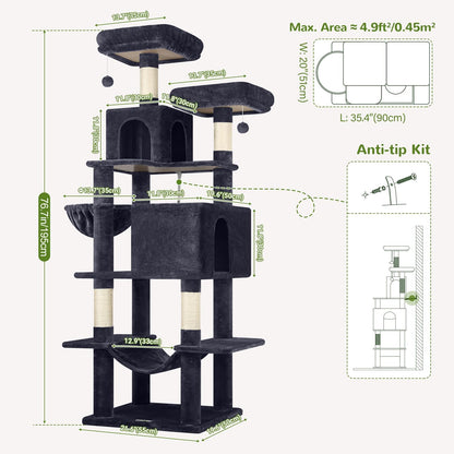 Globlazer Cat Tree Tower, 76-Inch Extra Tall Multi-Level Cat Furniture with Cozy Condos, Hammock and Perches for Adult Cats, Perfect for Climbing, Scratching, and Play, F76, Dark Grey