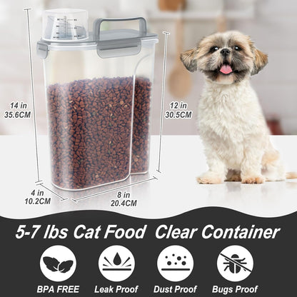 5-7Lbs Cat Dog Storage Container, Portable Pet Food Containers with Upgraded Large Spout and Cup, Small Animal Kibble Dispenser for Bird Seed, Oatmeal, Rice, Flour (2, Claer(Pink+Grey), 5L)