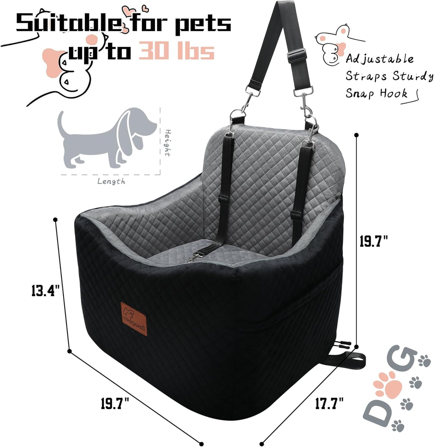 Dog Car Seat for Small Medium Dogs-Safety and Comfy Pet Booster Carseats with 2 Clip-On Satebelt & Storage Pockets,Washable and Detachable Puppy Car Seat for Dogs up to 30 lbs.(H-Black/Grey) - Pawvie