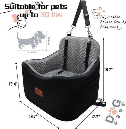 Dog Car Seat for Small Medium Dogs-Safety and Comfy Pet Booster Carseats with 2 Clip-On Satebelt & Storage Pockets,Washable and Detachable Puppy Car Seat for Dogs up to 30 lbs.(H-Black/Grey) - Pawvie