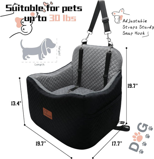 Dog Car Seat for Small Medium Dogs-Safety and Comfy Pet Booster Carseats with 2 Clip-On Satebelt & Storage Pockets,Washable and Detachable Puppy Car Seat for Dogs up to 30 lbs.(H-Black/Grey) - Pawvie