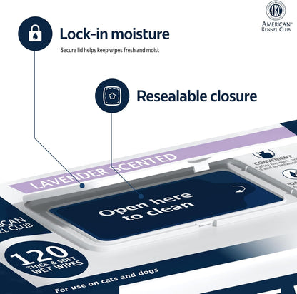 AKC Pet Wipes for Dogs & Cats – Hypoallergenic, Alcohol-Free Wipes for Paws, Face, Ears & Coat – Thick, Gentle Cleaning with Natural Aloe – Available in Lavender, Fresh & Oatmeal Scents