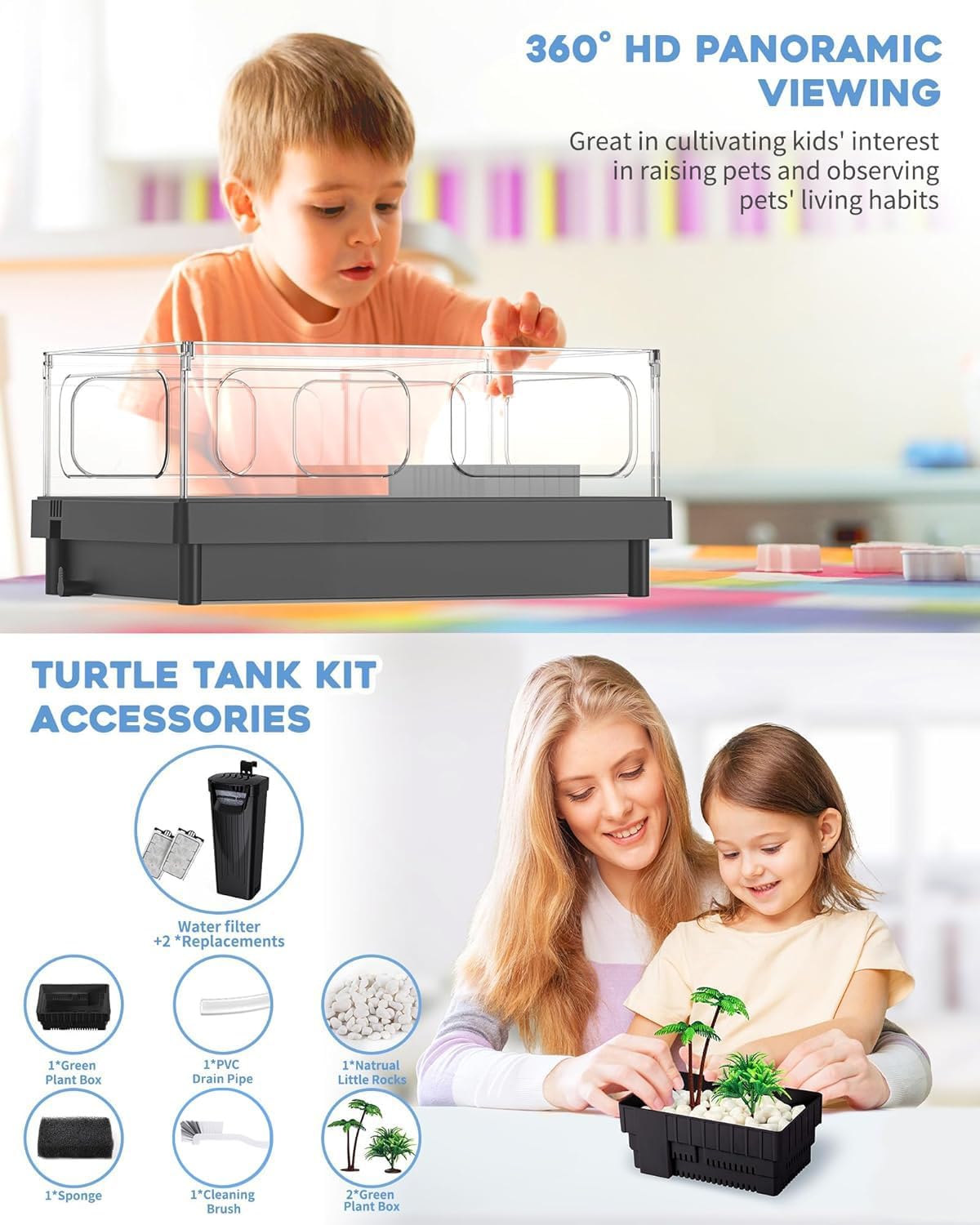 Small Turtle Tank, Aquarium, Acrylic Terrarium with Basking Platform, Bottom Drainage, Multi-Function Areas for Turtles, Crabs, Crayfish, Reptiles.(Black+Filter) - Pawvie