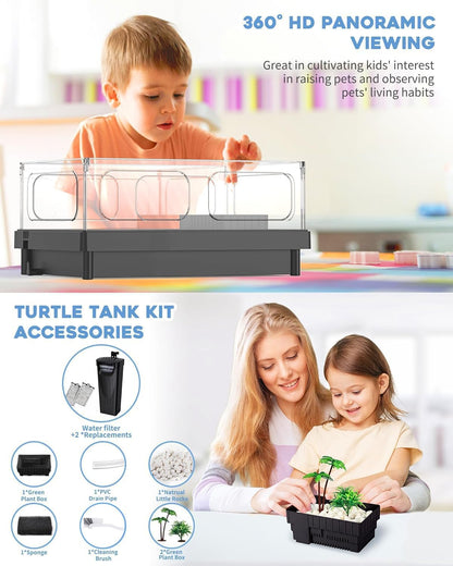 Small Turtle Tank, Aquarium, Acrylic Terrarium with Basking Platform, Bottom Drainage, Multi-Function Areas for Turtles, Crabs, Crayfish, Reptiles.(Black+Filter) - Pawvie