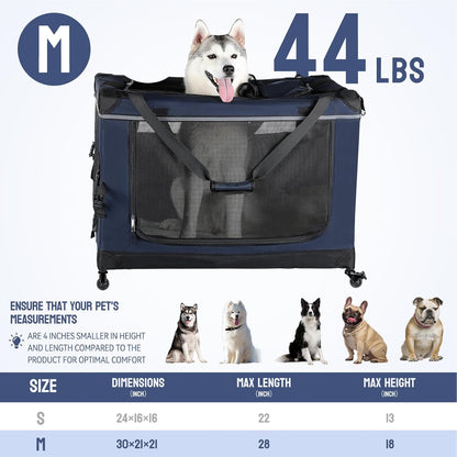 30IN Soft Collapsible Dog Crate w Detachable Wheels, Rolling Travel Dog Crate for Medium Breed Dogs, Portable Dog Kennel with Mesh Windows, Indoor & Outdoor Uses