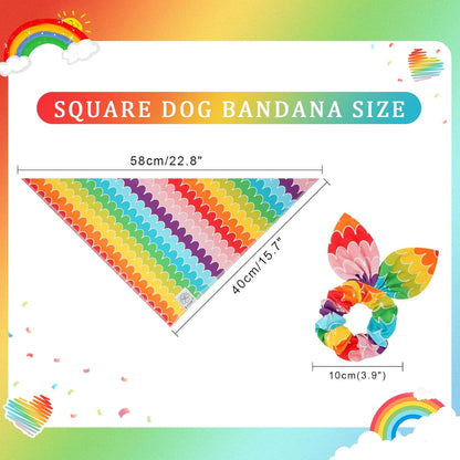 E-Clover Rainbow Dog Bandanas & Matching Scrunchie Set Girl Cute Pride Dog Scarf Bibs Pet Bandana with Bow Tie for Small Dogs Puppy Owner Mom Summer