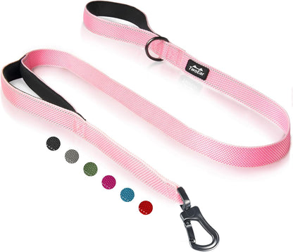 TwoEar 6FT 1IN Strong Pink Dog Leash with 2 Padded Handles, Traffic Handle Extra Control, Comfortable Soft Dual Handle, Auto Lock Hook, Reflective Walking Lead for Small Medium and Large Dogs