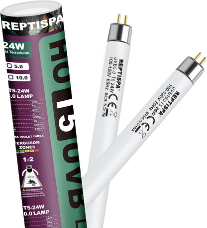 10.0 UVB Light for Reptiles, T5 HO 24 Watt Reptile Lamp Tube, Pack of 2 Fluorescent UVB Bulb, Basking Light for Bearded Dragon, Simulate Natural Sunlight for Reptiles and Amphibians