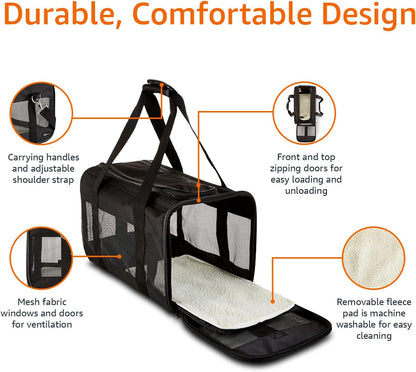 Amazon Basics Soft-Sided Mesh Pet Travel Carrier for Dog, Cat, up to 16 pounds, 16.5" L x 10.6" W x 11" H, Black