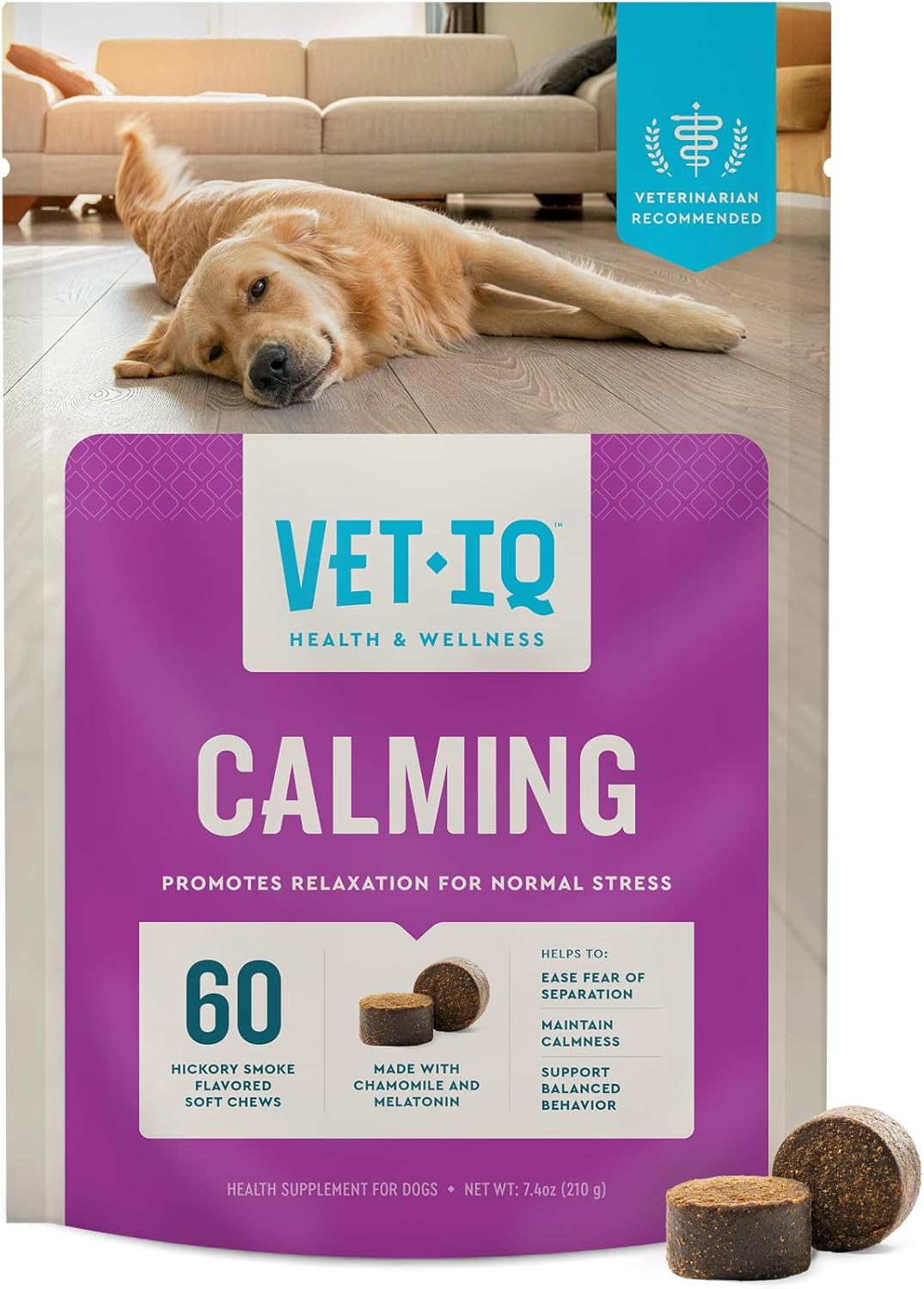 VetIQ Calming Support Supplement for Dogs, Calming Chews Help Manage Stress and Promote Relaxation, Anxiety Relief for Dogs, Made in The USA, 60 Count