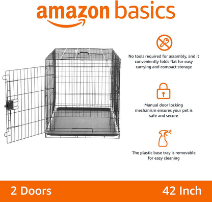 Amazon Basics Durable,Foldable Metal Wire Dog Crate with Tray, Double Door, 42 x 28 x 30 in, Black