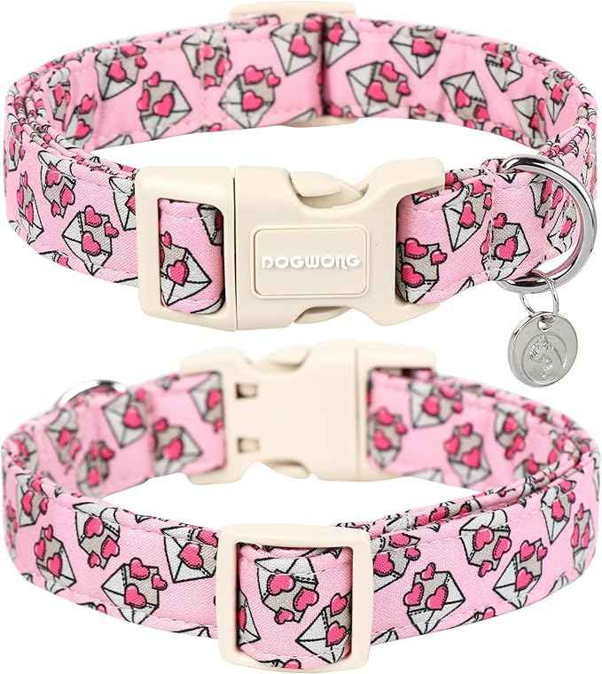 DOGWONG Valentine's Love Letter Dog Collar - Adjustable Durable Pink Heart Cute Collar for Small Medium Dogs
