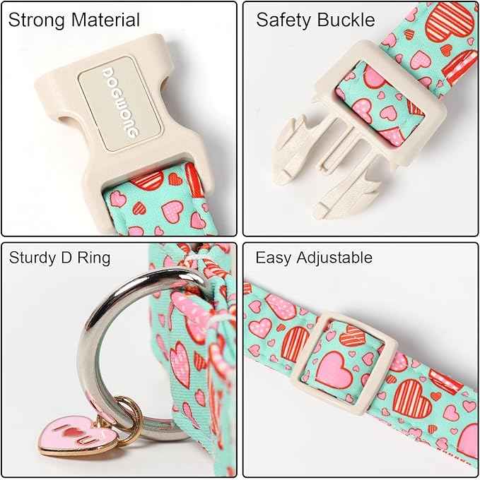 DOGWONG Valentine's Day Cute Loving Heart Printed Collar for Small Medium Large Dogs - Blue Cotton Collar for Girl and Boy Dogs