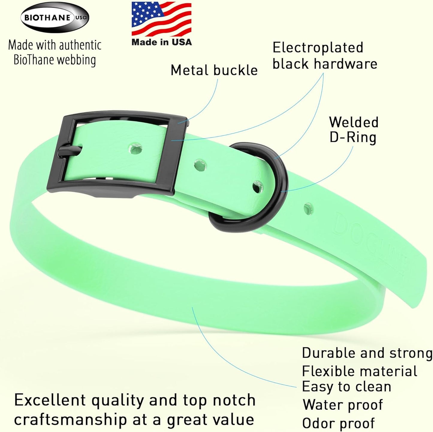 Dogline Biothane Waterproof Dog Collar Strong Coated Nylon Webbing with Black Hardware Odor- Proof for Easy Care Easy to Clean High Performance Fits Small Medium or Large Dogs, Sea Foam Green