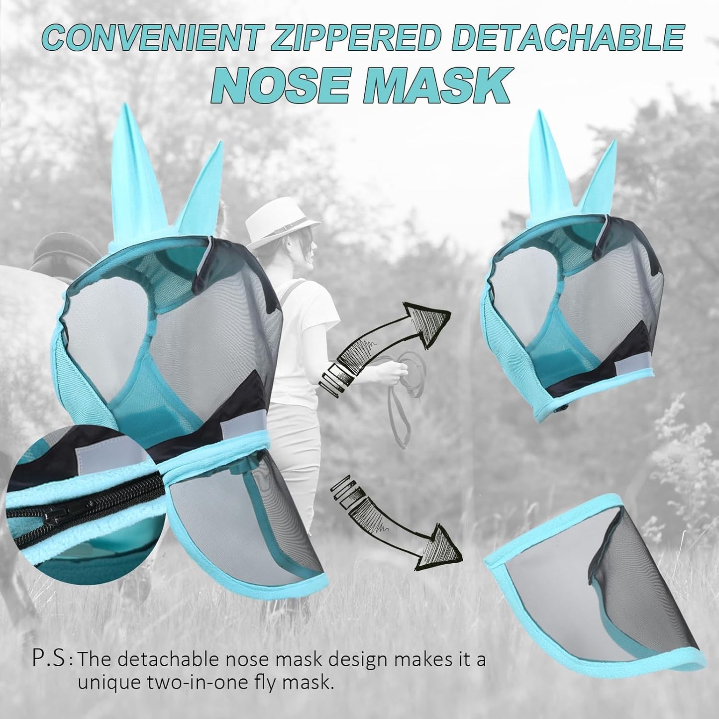 Luminous Horse Fly Mask with Long Nose, Ears, Full Face & Eye Protection - Full Mesh, Detachable Nose Cover, Fleece Padded Edging, Hook-and-Loop Straps with Webbing, Hanging Straps Mint Green