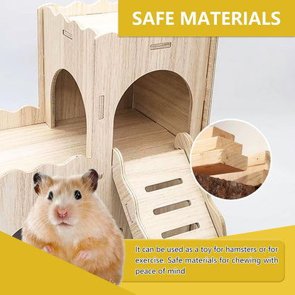 Large Wooden Hamster House Castle with Double Decker,Large Hamster, Wooden Hamster Houses,Dwarf Hamster Habitat Hideout with Climbing Ladder,Large Guinea Pig Castle Detachable Hideouts(c)