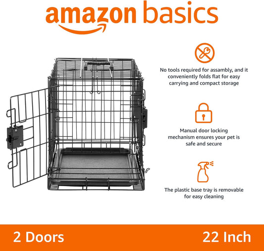 Amazon Basics Durable,Foldable Metal Wire Dog Crate with Tray, Double Door, Divider, 22 x 13 x 16 in, Black