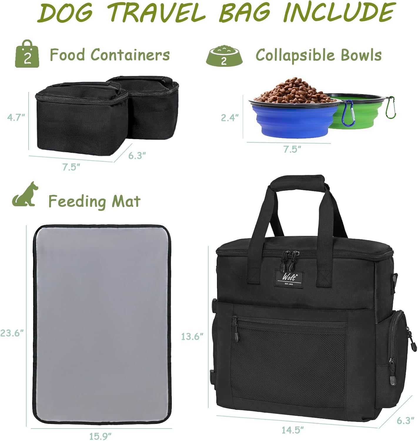 WOLT Dog Travel Bag Dog Bag for Traveling and Supplies with 2 Collapsible Bowls, 2 Food Containers, 1 Place Mat, Black - Pawvie