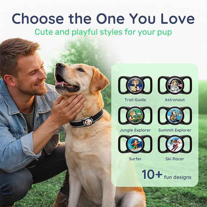 Dog AirTag Holder for Dog Collar, Soft Silicone Slide-On Case for Apple AirTag, No-Dangle Quiet Protective Holder with Eye-Catching Pet Character Designs, Black-Pawsome Pair