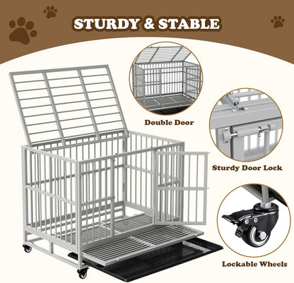 Dog Crate with Removable Tray, 37/42/46 Inch Indestructible and Escape Proof Steel Dog Cage Kennel for High Anxiety Dogs, Heavy Duty Dog Crate with Wheels, Double Door, Extra Large XL XXL