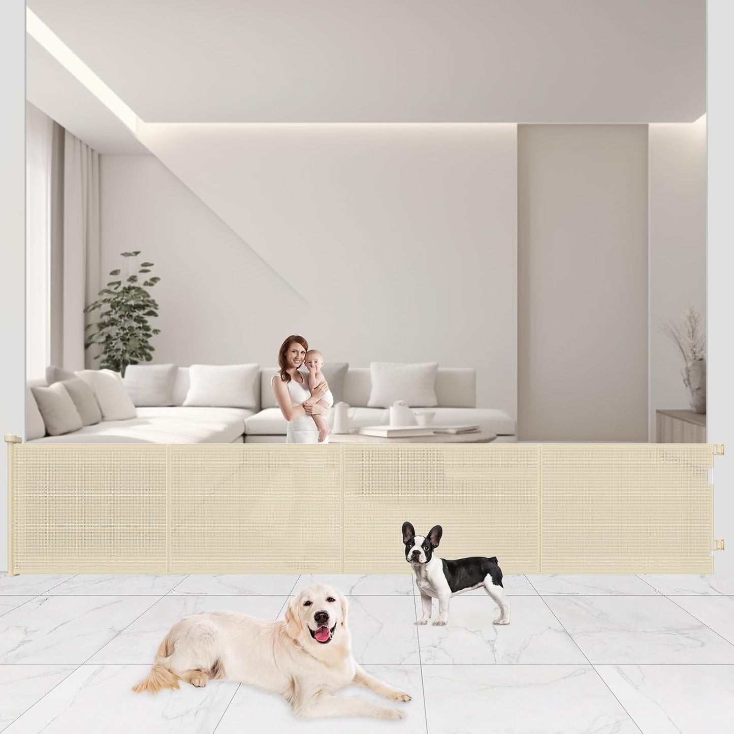 Upgrade 200" Retractable Baby Gates Extra Wide with Reinforced Strips, Mesh Retractable Dog Gate for Garage, 41" Tall Retractable Gate Indoor Outdoor for Pet and Baby-Beige