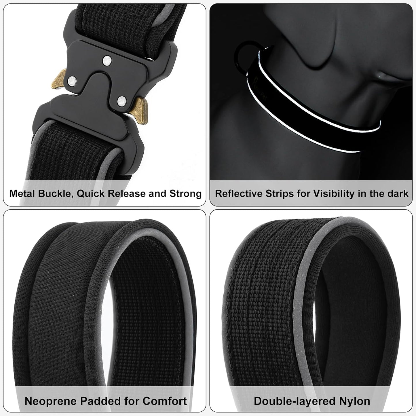 Plutus Pet Tactical Dog Collar, Reflective, Adjustable Heavy Duty Dog Collar, Soft Padded and Comfortable, for Small Medium and Large Dogs (Black, L)