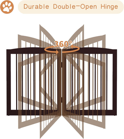 Freestanding Pet Gate for Dogs, Foldable Wooden Dog Gate for House, Extra Wide Indoor Pet Barrier for Stair, Doorway, Hall, Support Feet Included, 120 Inch Wide, 6 Panels 24", Brown