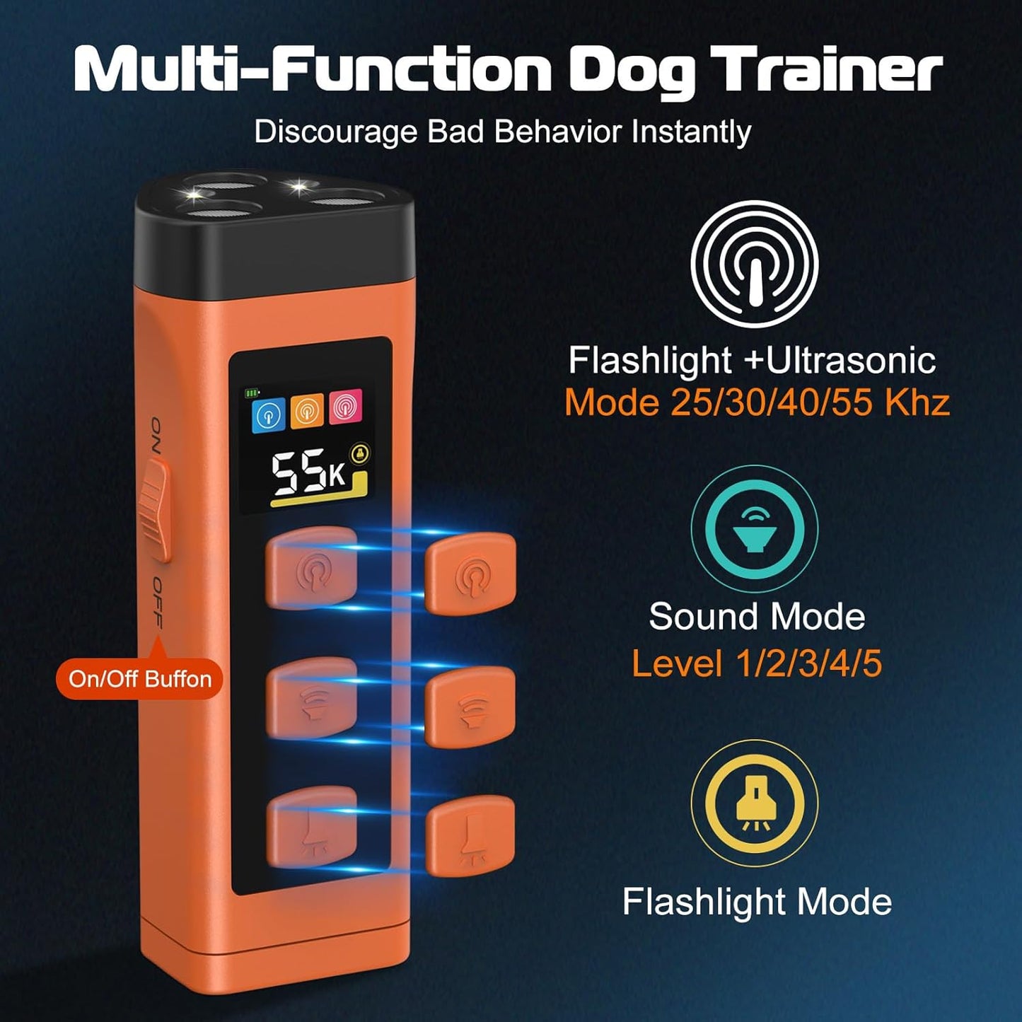 Dog Bark Deterrent Device, Color Display 2000 mAh Rechargeable Ultrasonic Anti-Barking Trainer with 4 Frequency Settings 25/30/40/55 kHz, 65ft Long-Range, Safe & Effective Alternative to Bark Collars