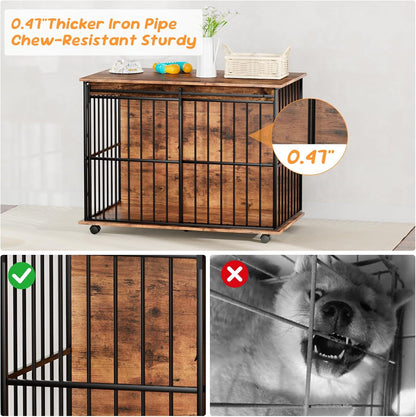 43.7" Dog Crate Furniture, XL Dog Crate Dog Kennel Indoor with Wheels for Large Medium Small Dogs, Wooden Dog Kennel End Table with Sliding Door Wooden Furniture Crates for Living Room, Bedroom