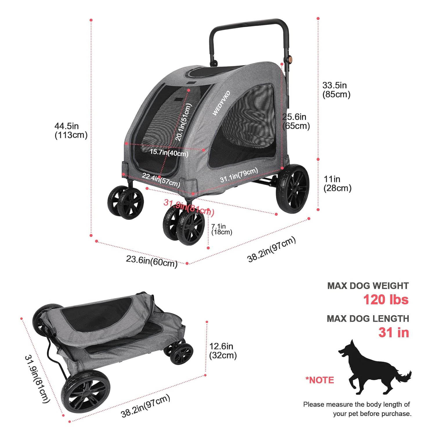 Large Dog Travel Stroller with 4 Heavy Duty Wheels Pet Stroller with Adjustable Handle - Double Doggie Capacity Jogger Wagon with Back Front Door for Small Medium Large Dogs (Dark Light Gray) - Pawvie