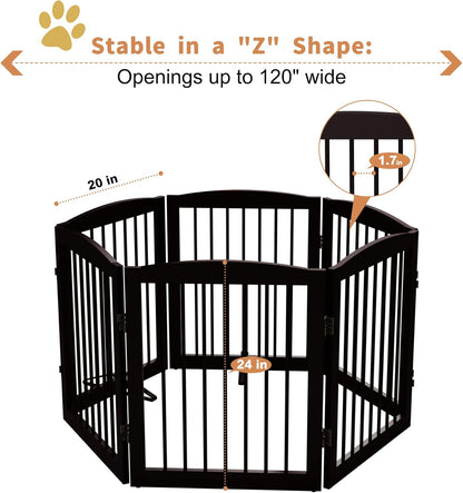 Freestanding Pet Gate for Dogs, Foldable Wooden Dog Gate for House, Extra Wide Indoor Pet Barrier for Stair, Doorway, Hall, Support Feet Included, 120 Inch Wide, 6 Panels 24", Brown