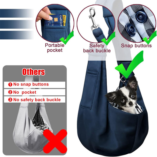 Pet Dog Sling Carrier for 3-10 lbs pet,Dog Purse Pouch,Dog Satchel,Reversible unadjustable Strap Travel Hand-Free Safe Bag Small Puppy Backpack (Dark Blue)