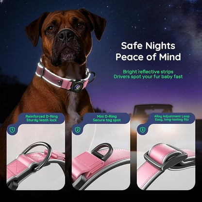 WhoseID Premium Leather Dog Collar for Large Dogs - IPX8 Waterproof AirTag Dog Collar | Magnetic Buckle Heavy Duty Collar | 450LB Escape-Proof | Reflective Dog Collar with AirTag Holder