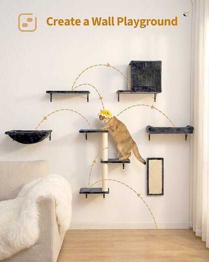 Cat Wall Shelves with Vertical Cat Scratcher, 17" × 11.9" Large Perch Bed and Hammock for Large Adult Cats, 6-in-1 Heavy Duty Cat Furniture Set for Indoor Cats